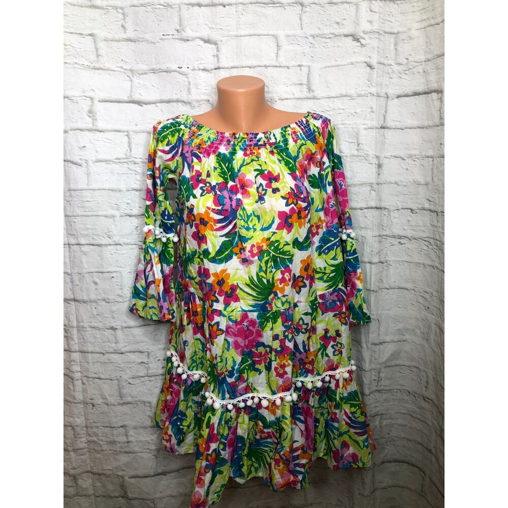 True Destinations Resort Wear Off Shoulder Tropical Dress M Floral Cotton Poms